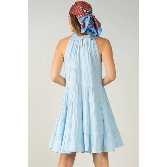 Cinq à Sept Phyllis Size 10 Keyhole Neck Tiered Mini Dress Metallic Blue - Picture 14 of 15